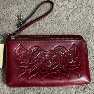 Patricia Nash Varone Rose Tooled Leather Wristlet Maroon